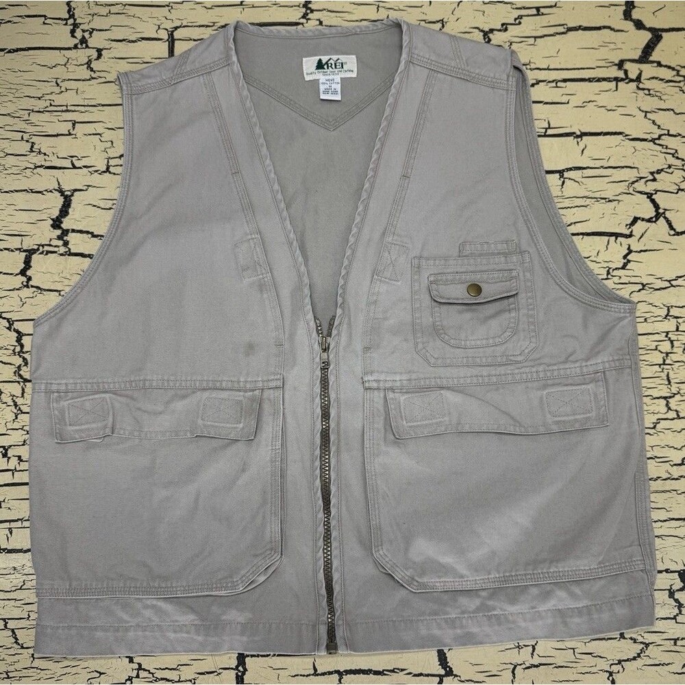 REI Outdoor Utility Vest Mens Large Khaki Safari Fishing Photography 100% Cotton